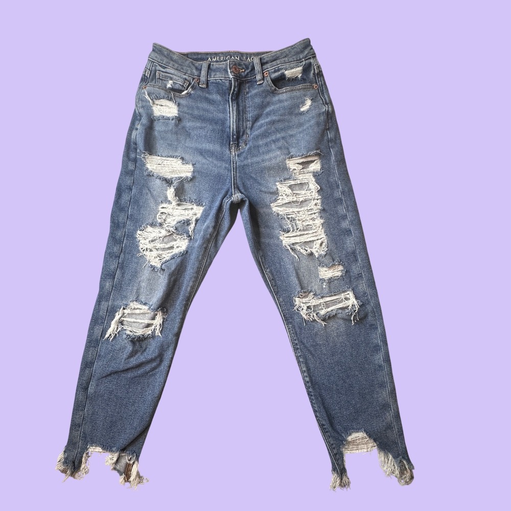 American Eagle Jeans Womens 4 X-Short Blue Highest Rise Mom Distressed Step Hem